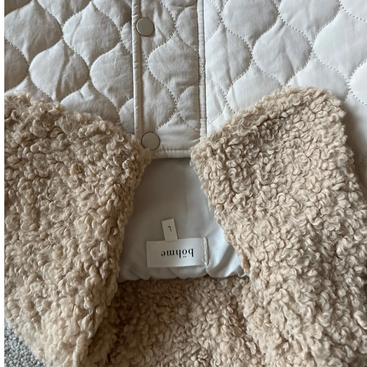 Bohme Quilted Faux Fur Collar Snap Jacket With Tie Waist Cream Size Large - Image 7