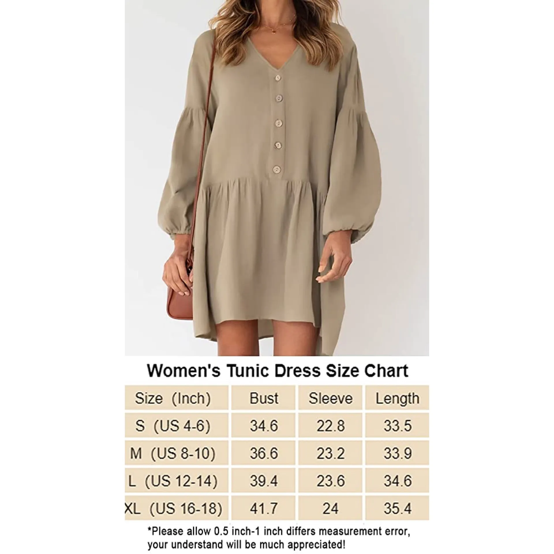 V Neck Long Sleeve Babydoll Button Front Swing Tunic Dress with Pockets Khaki S Tan - Image 6