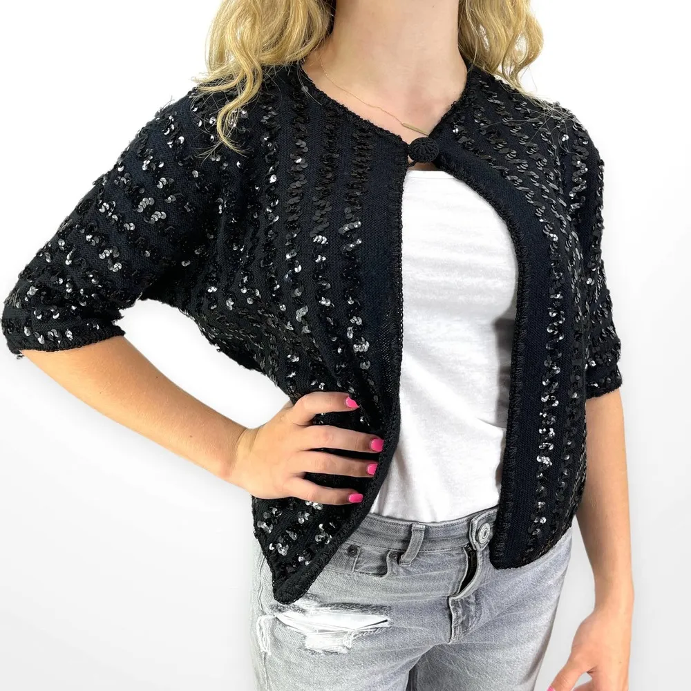 70s CASUALON PETER FREUND Vintage Black Sequin Knit Cardigan Sweater Size M - Image 11