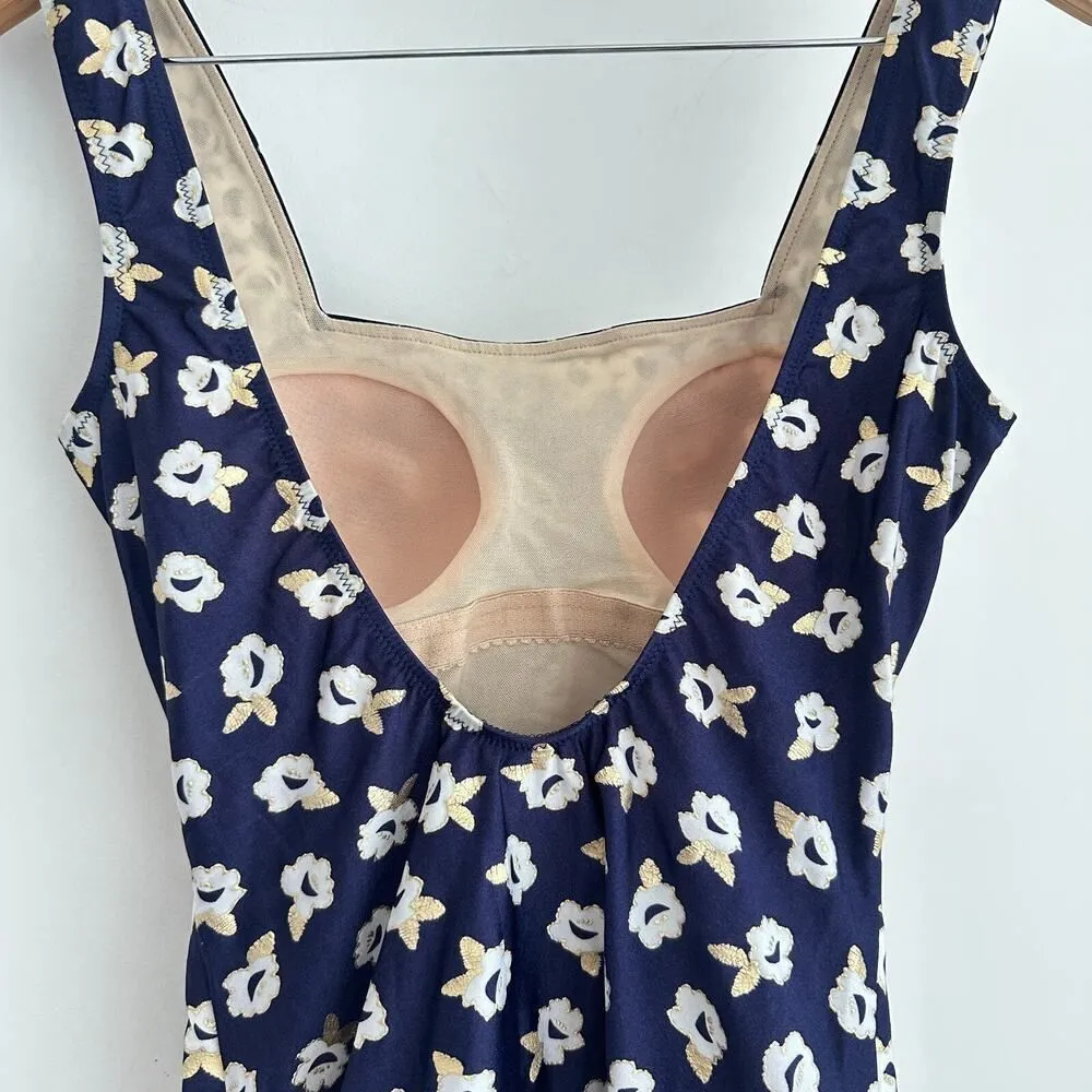 Gottex Swimsuit Medium Navy Floral Metallic Coastal One Piece Modest VTG 70s - Image 8