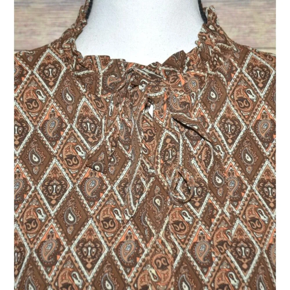 THML Anthropologie Brown Geometric Paisley Print Dress Tie Neck Size M Old Money - Image 4