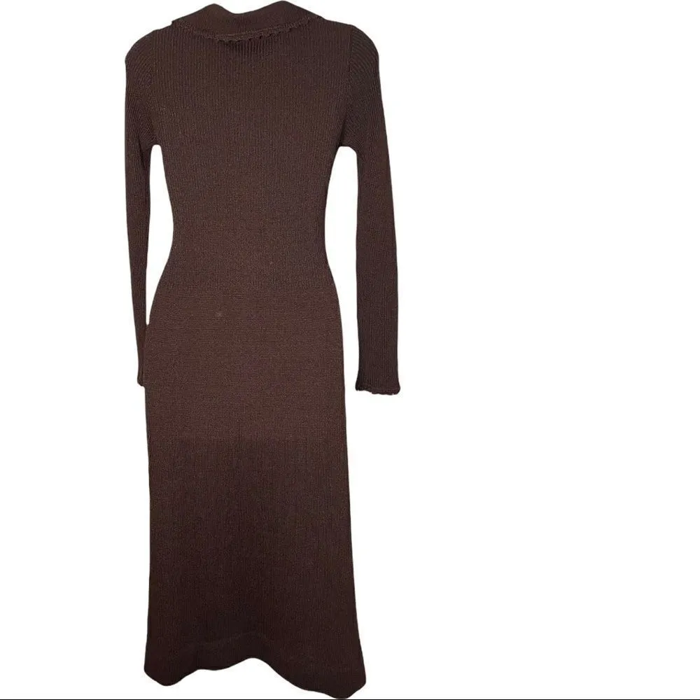 Vintage 60s Goldworm Knit Ribbed Crochet MIDI Chocolate Brown Sweater Dress XS - Image 4