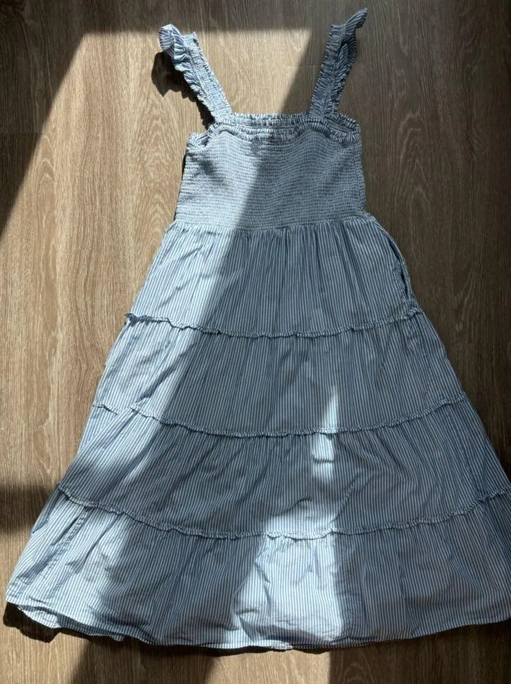 J.Crew  Smocked Tiered Navy White Striped Midi Dress Pockets Size Large - Image 6