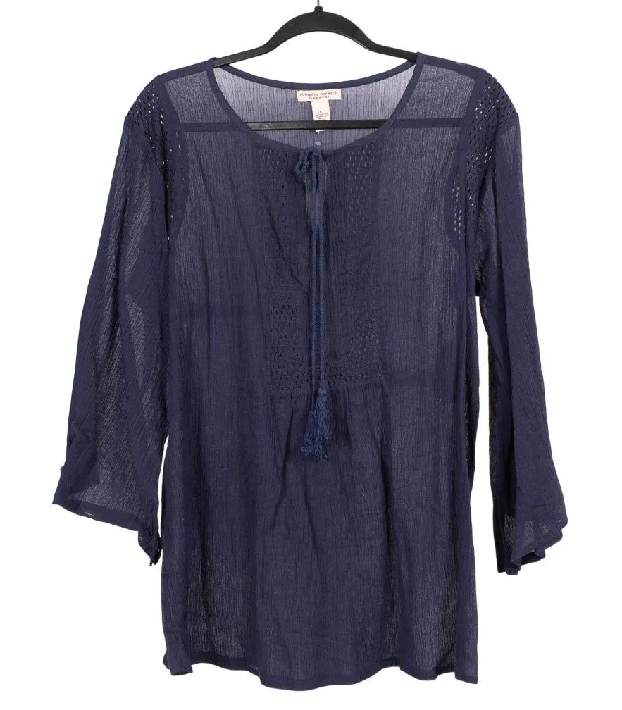 Studio West Peasant Blouse L Women NEW Blue Boho Sheer Crochet Tunic Bell Sleeve - Image 1