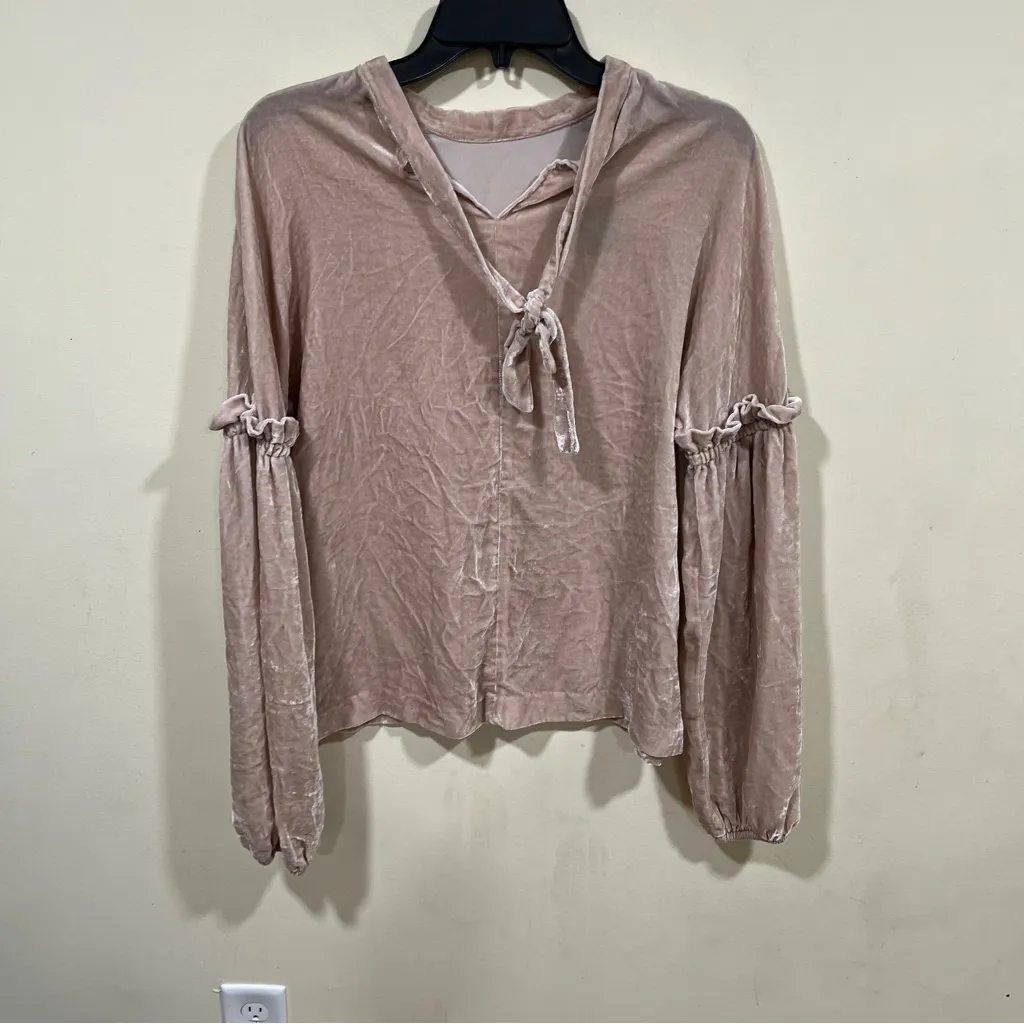 PINKO CASSIOPEA 1B12U3 Long Sleeve Velvet Blouse Bishop Tie Neck Rose Pink M Size M - Image 5