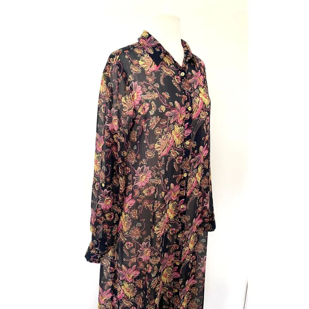 C Wonder Blue Floral Button Up Long Sleeve Cover Up Kimono Sheer Maxi Dress 14 - Image 3
