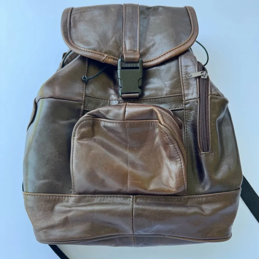 Vintage 90’s Genuine Leather Drawstring Backpack Brown - Image 2