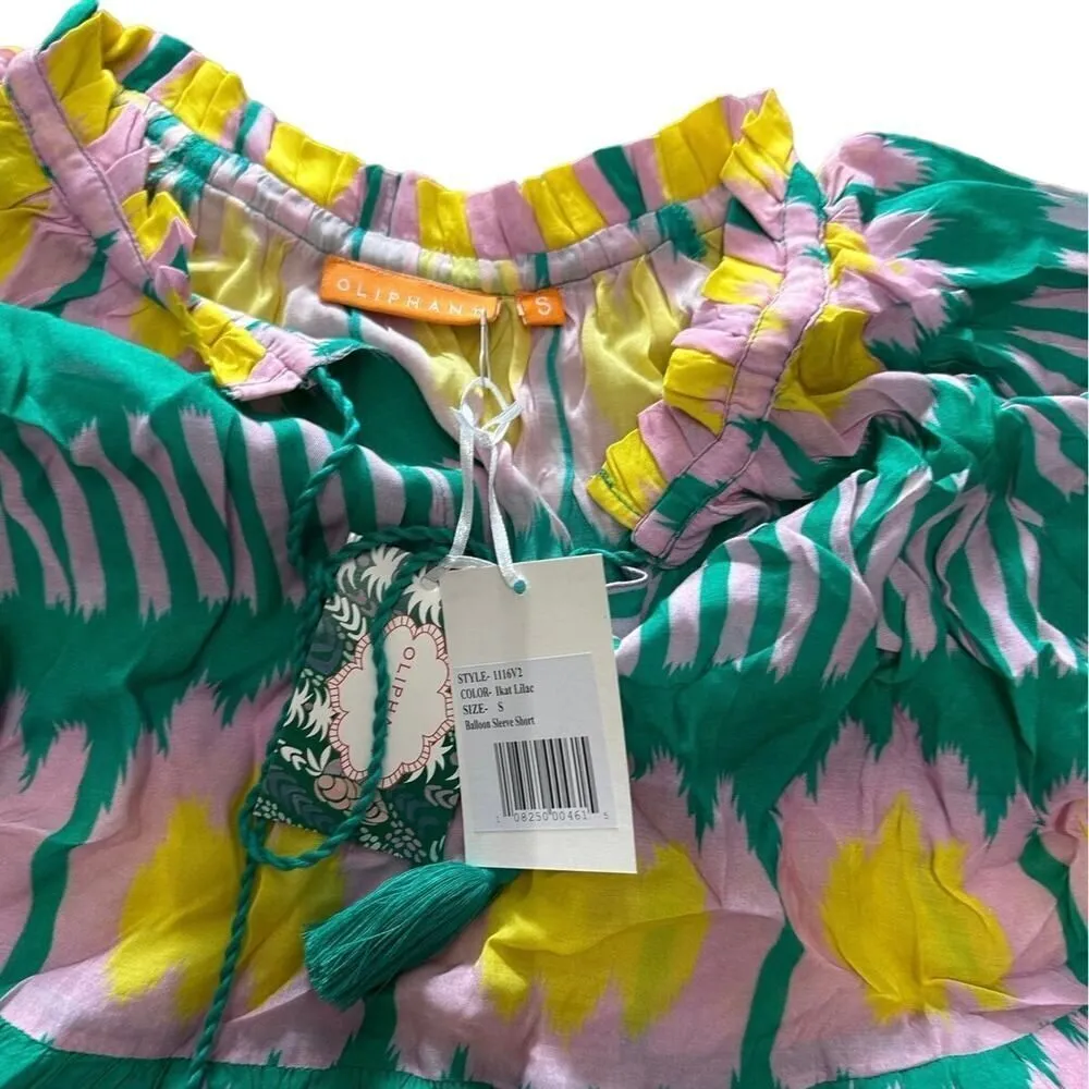Oliphant Swing Dress Tunic Balloon Sleeves Ikat Print, Size S, New with Tag $289 Green - Image 4