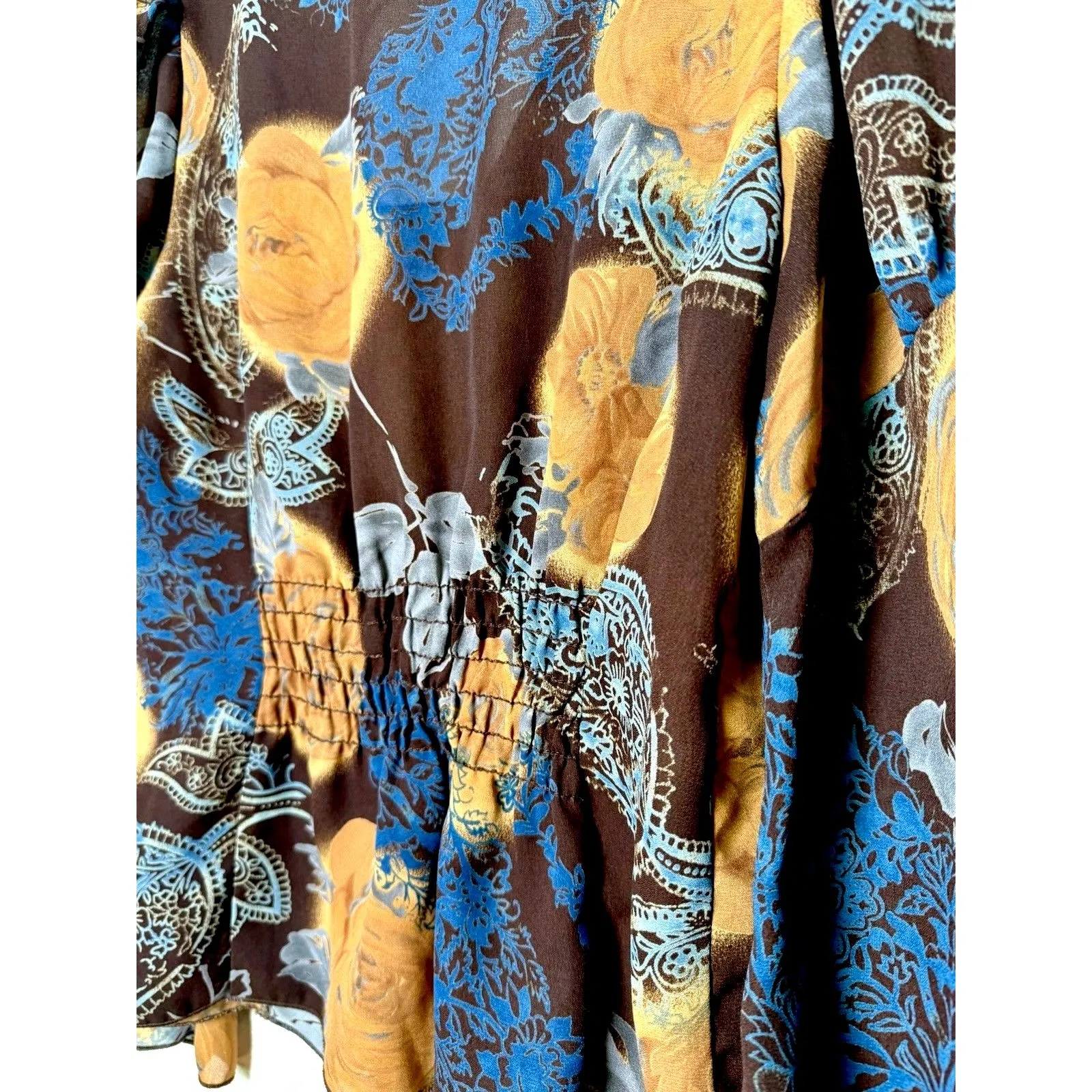 Vintage Y2K Floral Mesh Top Brown Blue Lace Up Bell Sleeve Sheer Blouse Size 7 Size M - Image 5