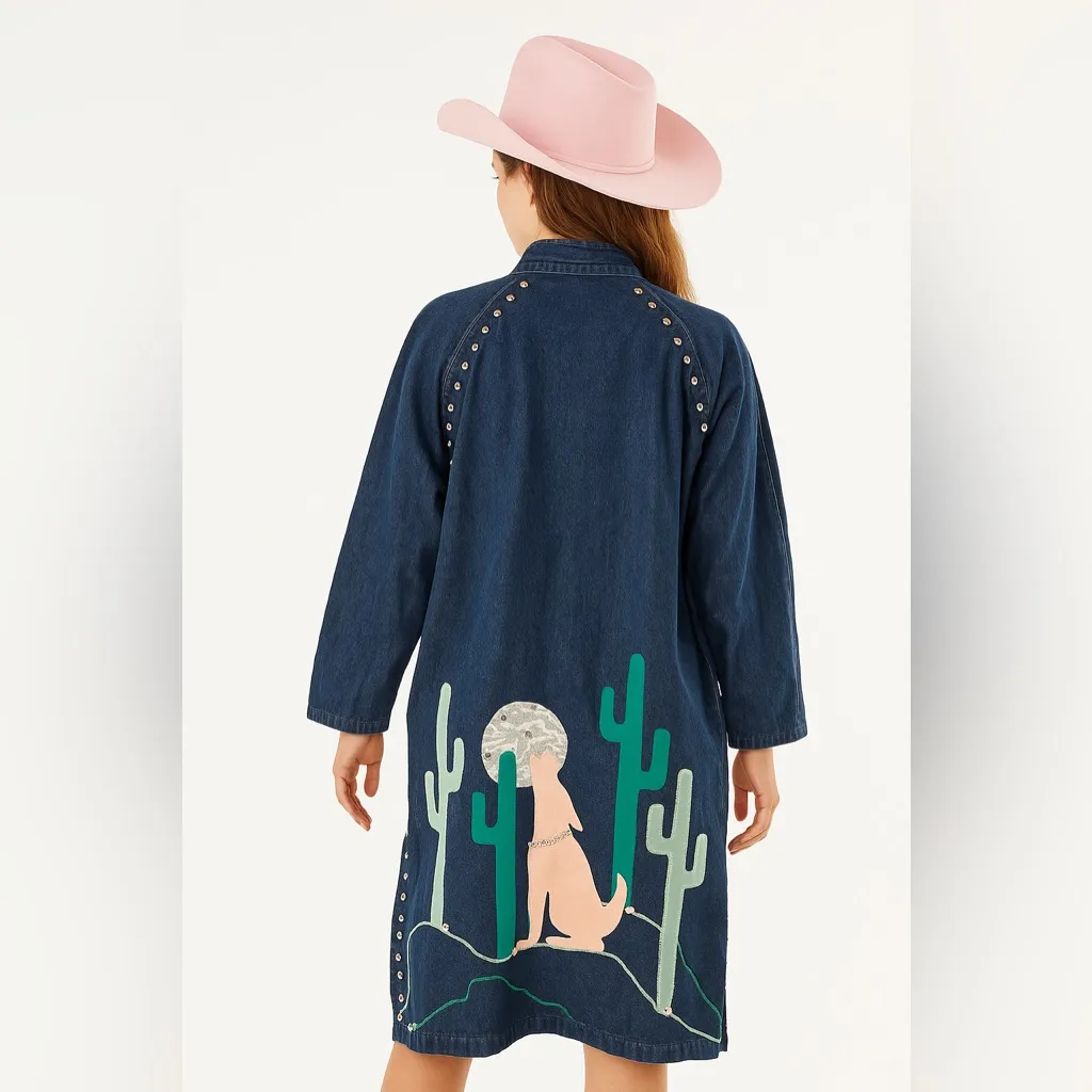 Rare vintage western Sundance denim duster coat cactus and chayote designs SZ M Blue Size M - Image 2