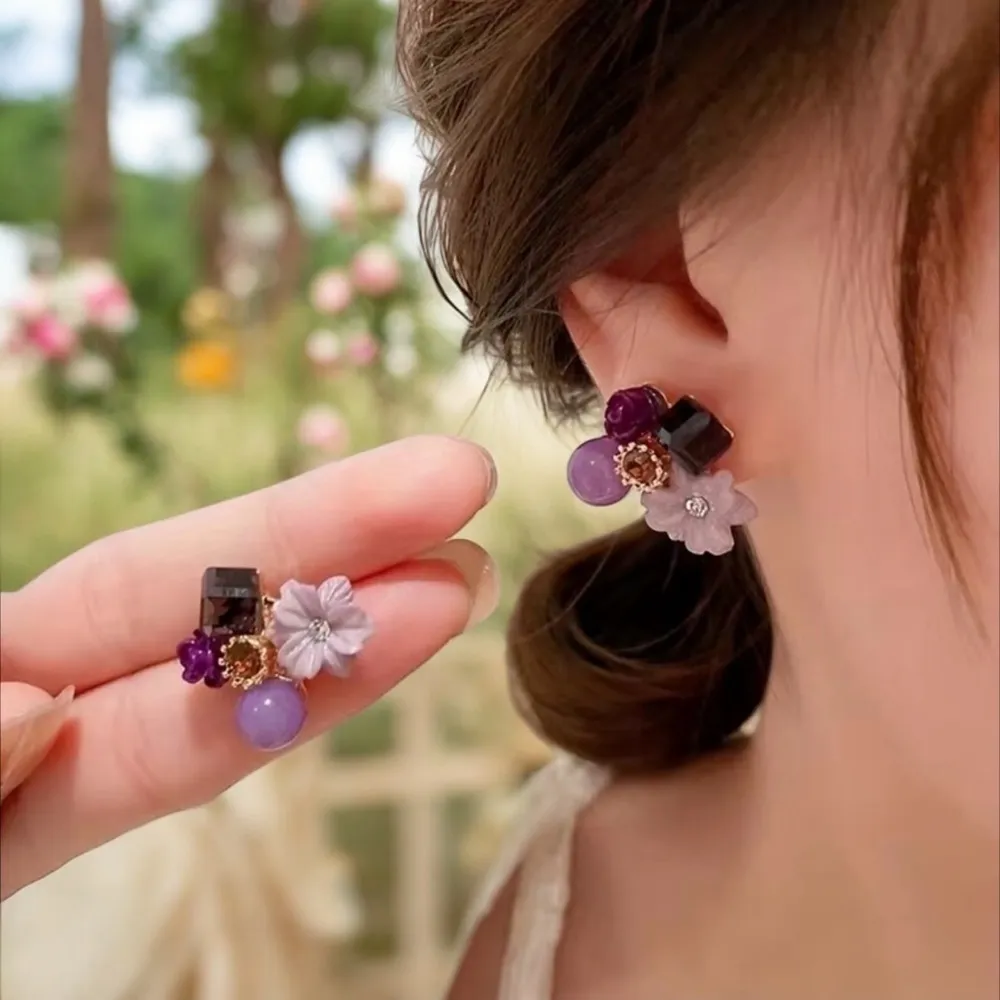 Purple Shiny Flower Shape Stud Earrings Inlaid Shiny Zircon Faux Fashion Jewelry Gold - Image 4