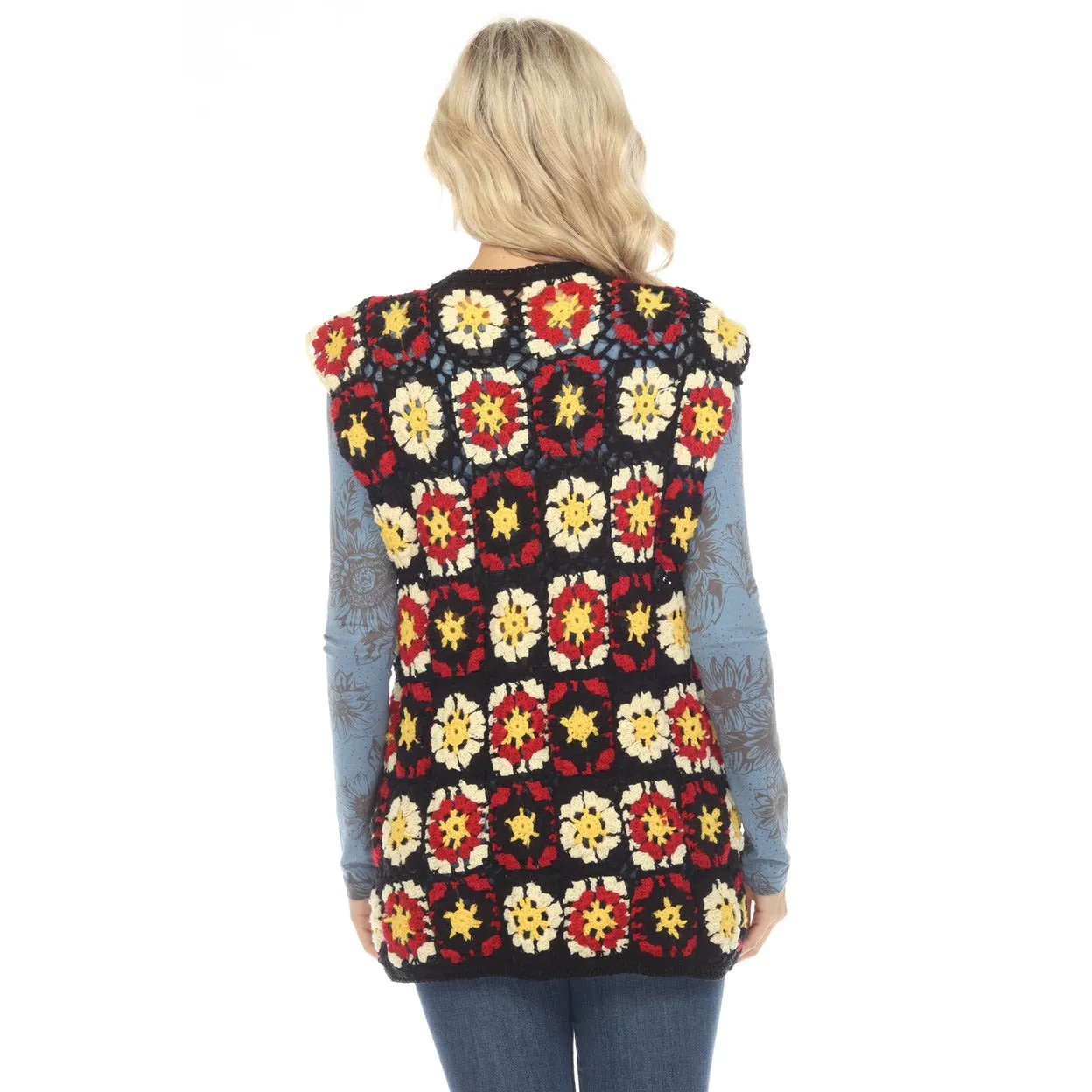 Lakhays Crochet Flower Garden Granny Square Kimono Open Cardigan S/M Cottagecore Black Size M - Image 3