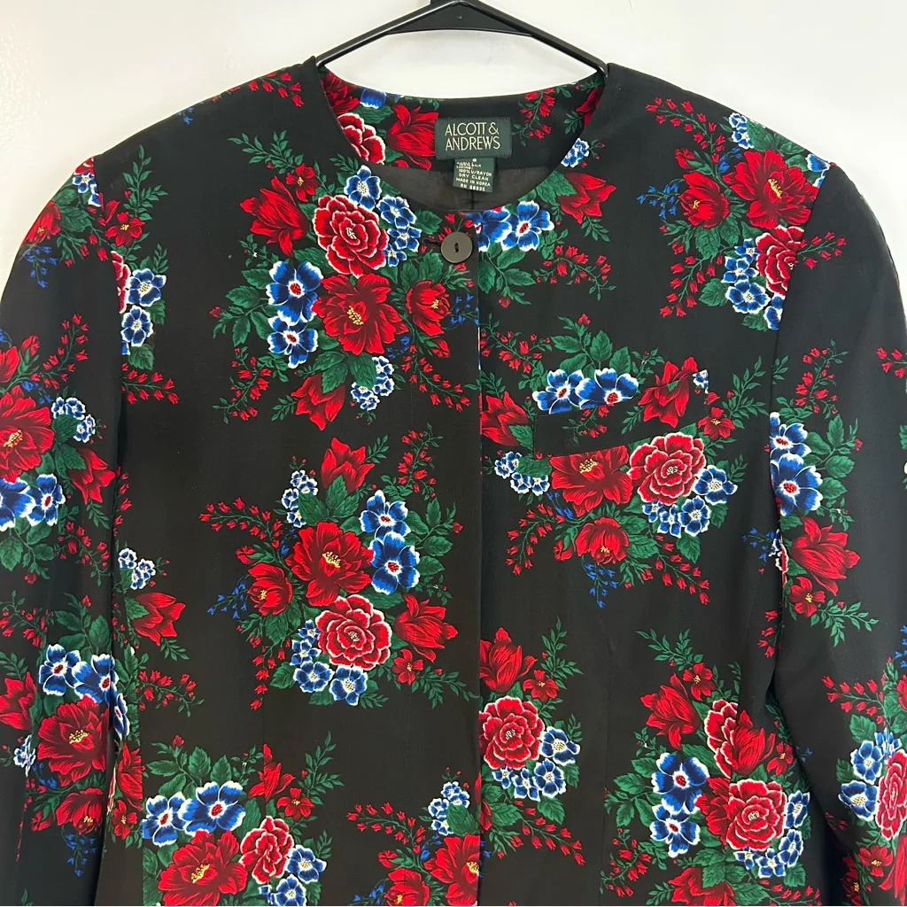 Vintage Alcott & Andrews 100% Silk Red/Blue Floral Button Up Blazer Size 8 Red - Image 9