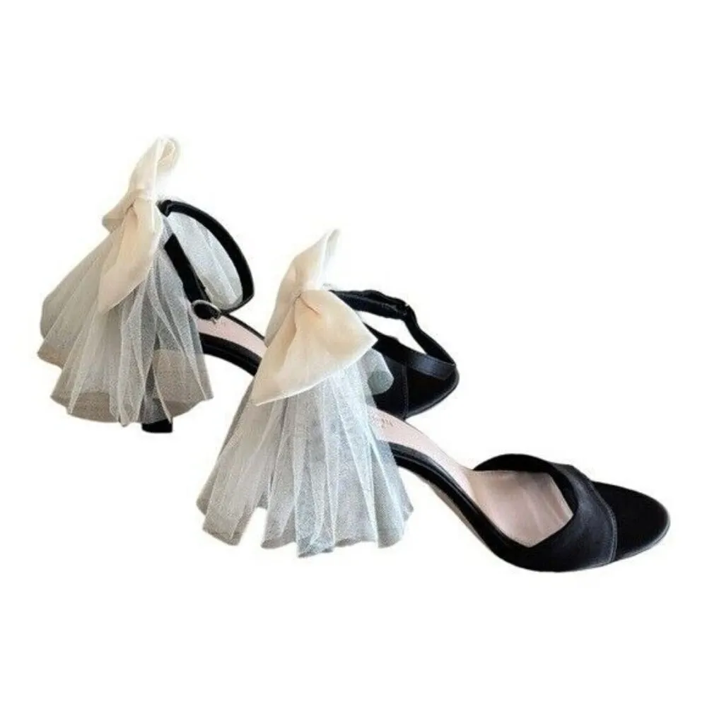 ANTONIO MELANI Born On 5th Elle Black Satin Tulle Bow Open Toe Heels Size 10 - Image 6