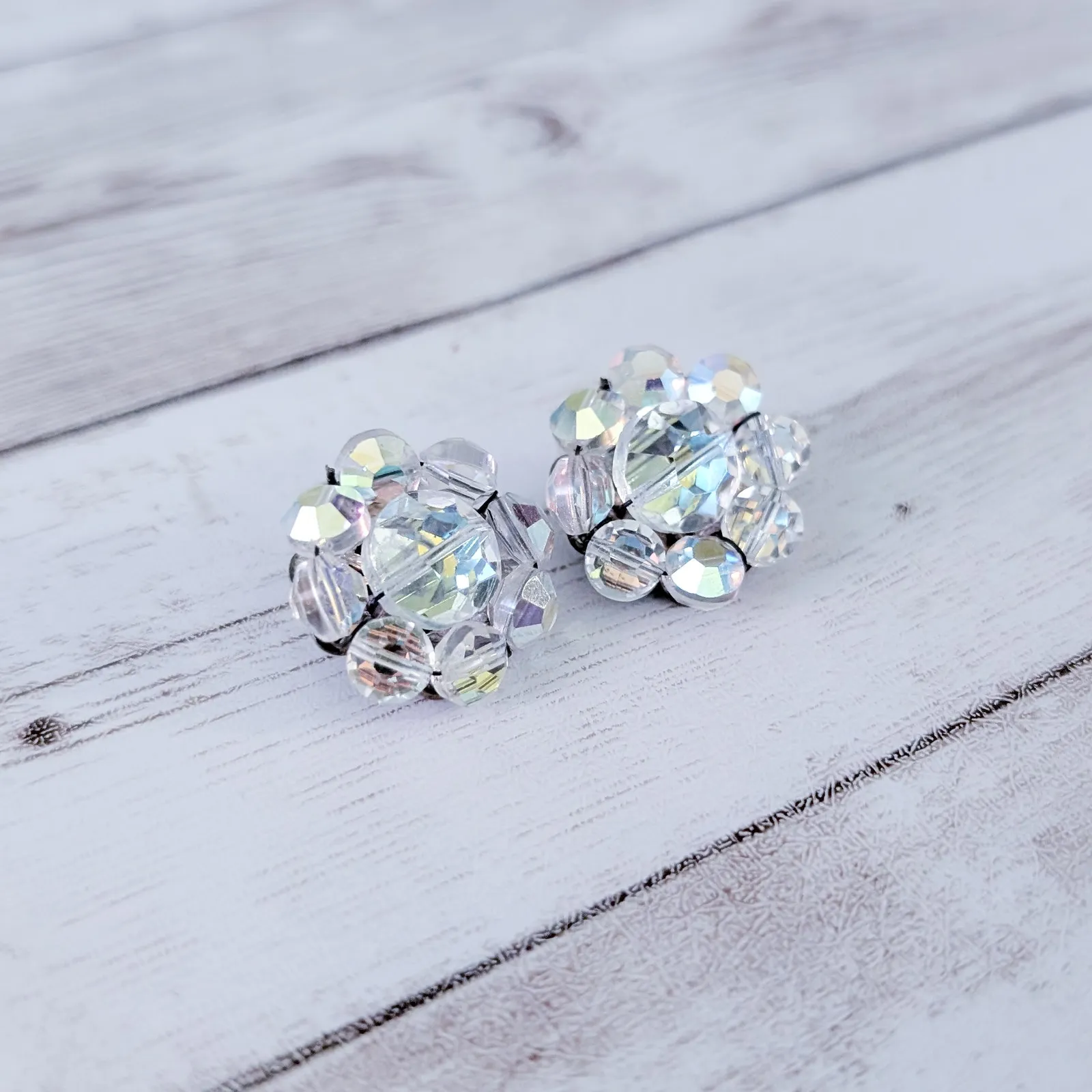 Vintage Clip On Earrings Clear/Iridescent Beaded Flower Like Cluster - Image 4
