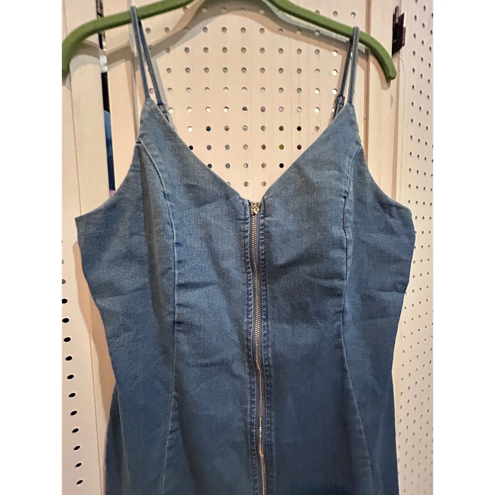 IRIS Denim Mini Dress Women's L Blue‎ Sleeveless V-Neck Zip Front Casual - Image 2