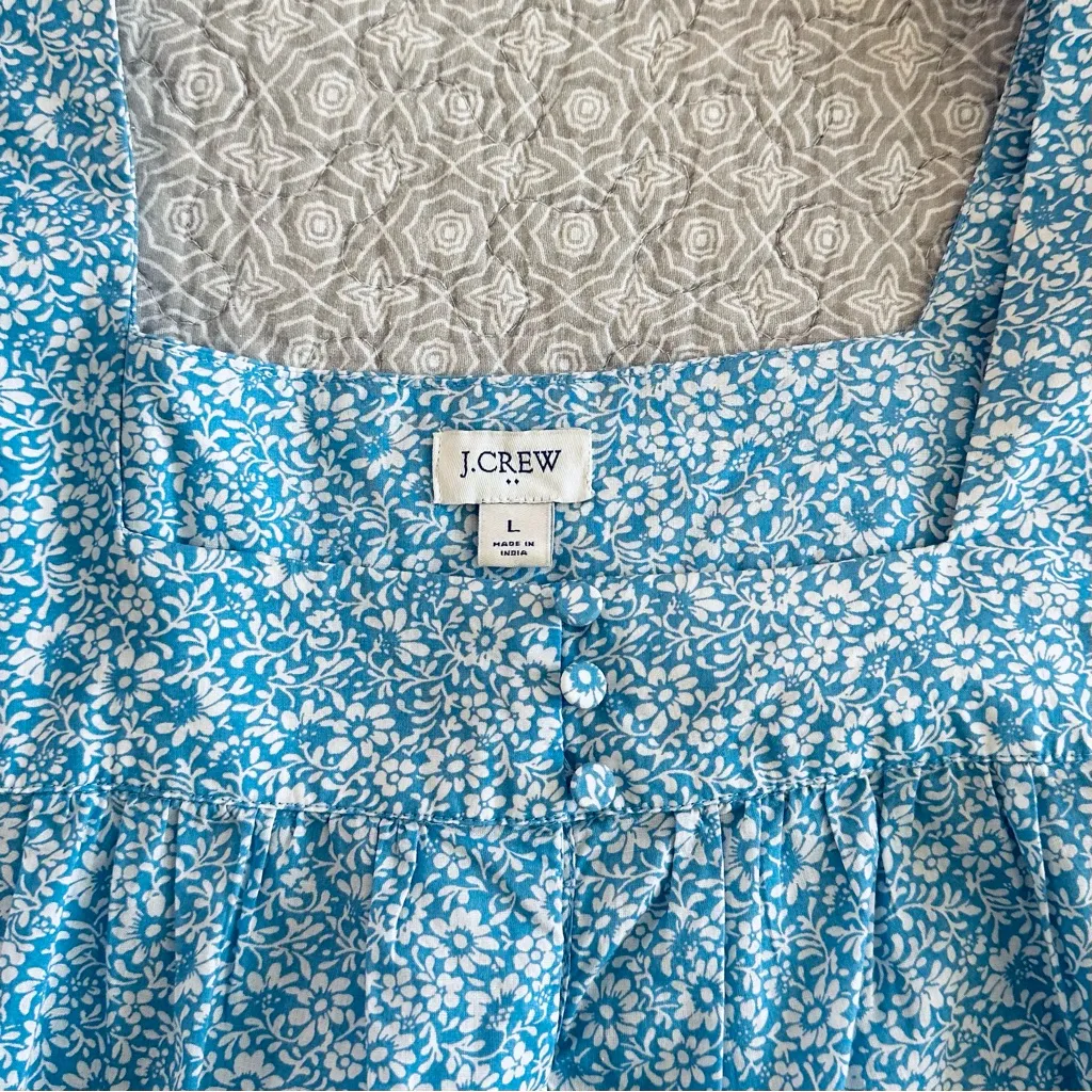 J. Crew Blue Ditsy Floral Top Cotton Ruffle Sleeve Square Neck Size L - Image 7