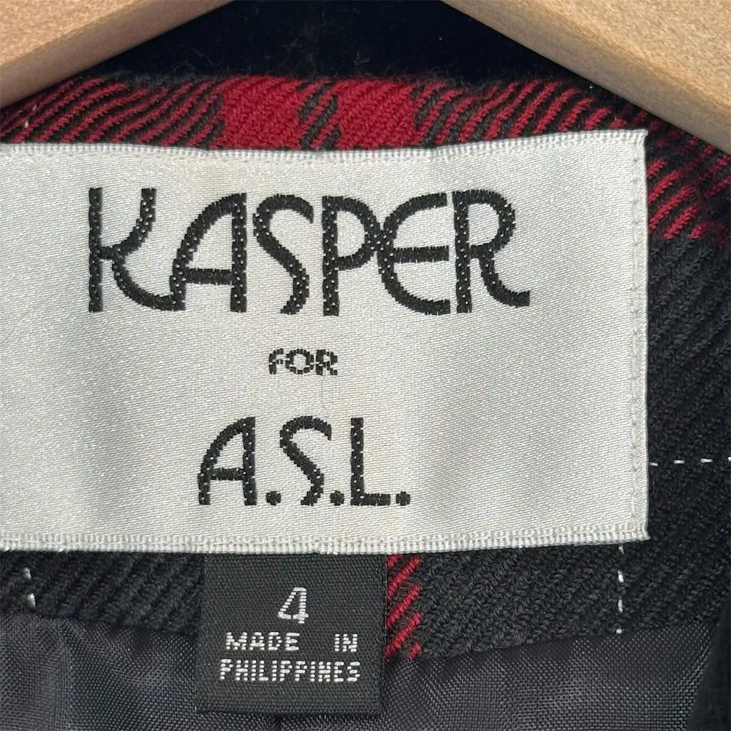 Kasper ASL Blazer Size 4 Red Plaid Wool Blend Velvet Collar Jacket VTG Preppy - Image 6
