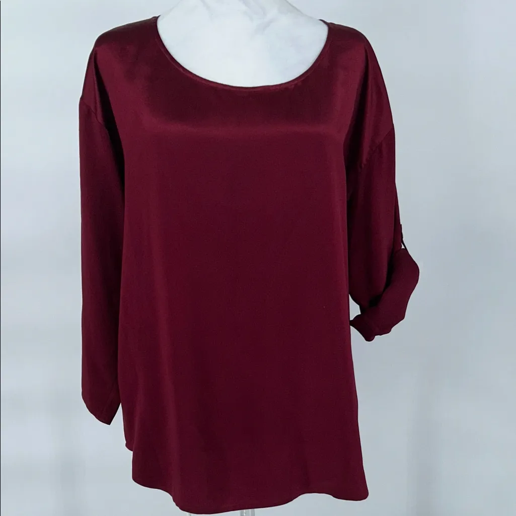 EILEEN FISHER Silk Satin Dark Tulip Hammered Ballet Neck Top Blouse XS  $218 - Image 4