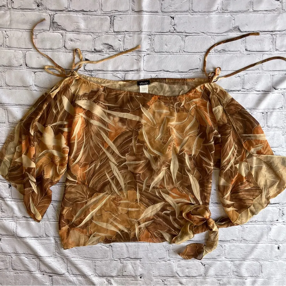 Celine By Champion VTG Y2K Blouse Ten Top Flutter Sleeve Medium Made USA SHEER Brown - Image 9