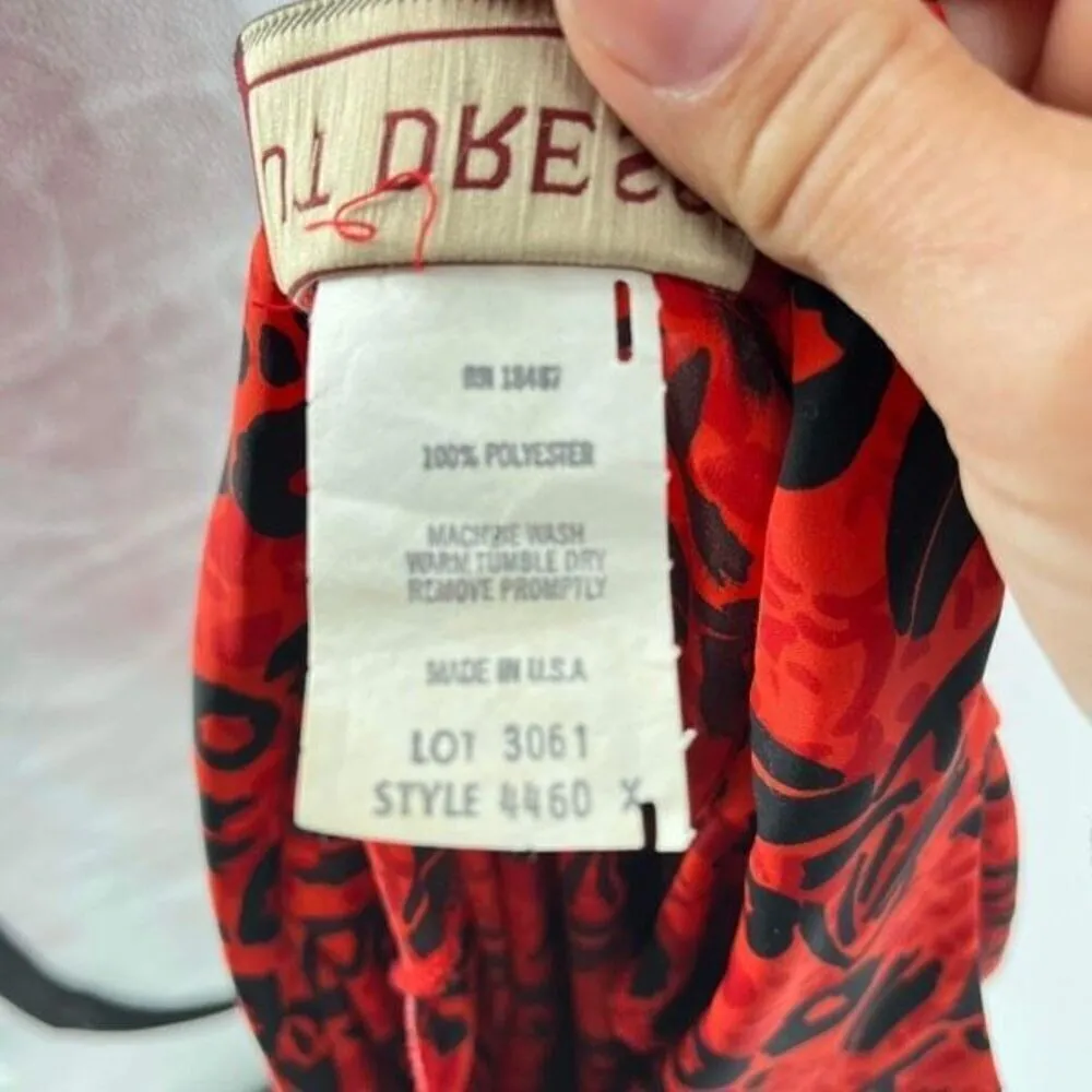 Vintage JT Women’s Geometric Surplice Bright Orange Red Dress Medium Made in USA Red - Image 10