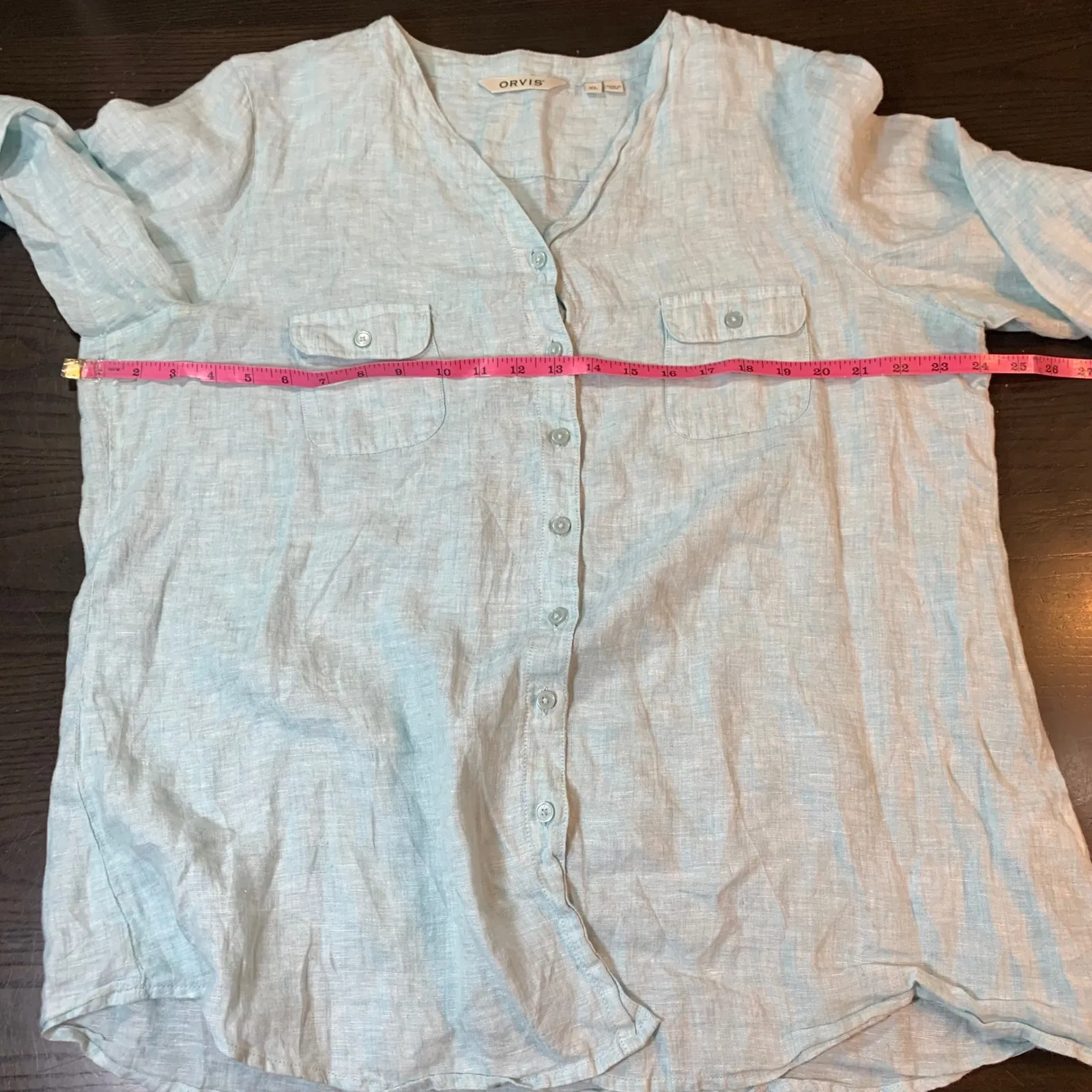 Orvis Womens Button Down Shirt XL Blue Linen 3/4 Sleeve Pockets Casual READ - Image 8