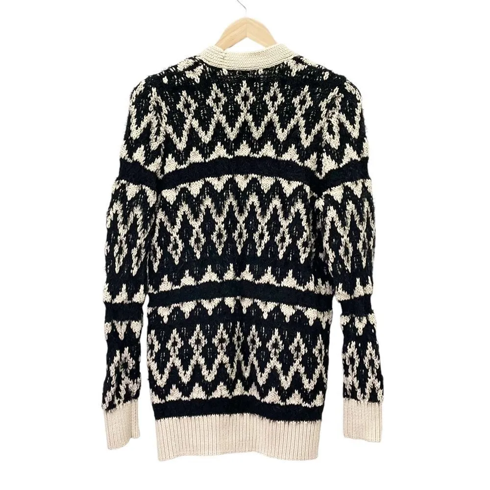 Lucky Brand Diamond Fair Isle Long Boho Cardigan Black & Cream Womens Size Small - Image 4