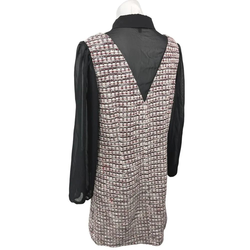 Julia Jordan Black Multicolor Tweed Bow Tie Pinafore Sleeves Mini Shirt Dress 8 - Image 4