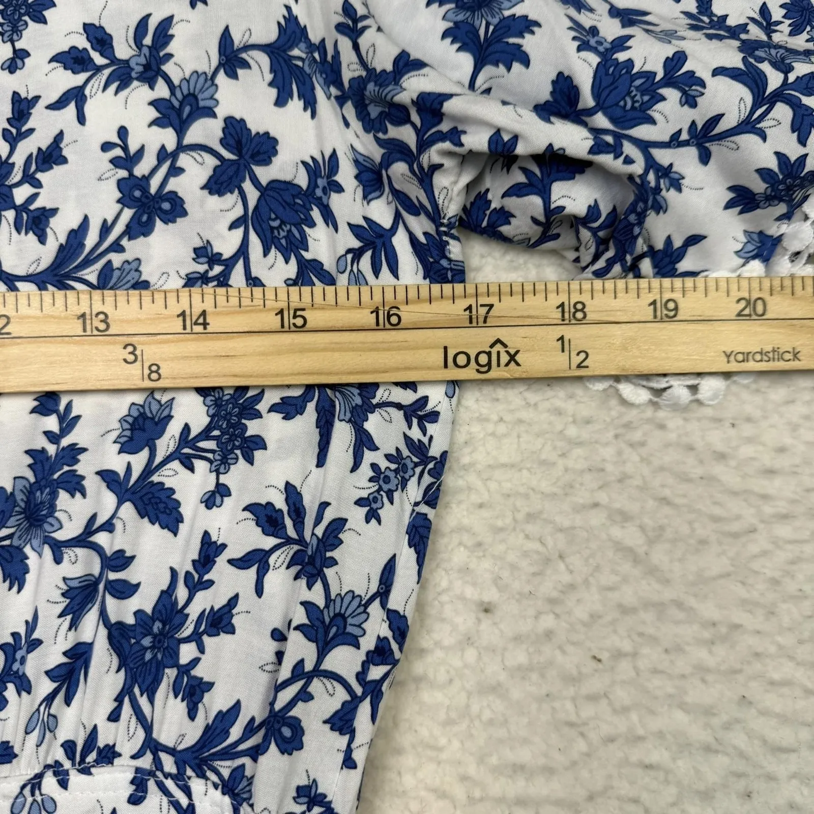 R.Vivimos Dress Womens Small Blue White Boho Floral Maxi Short Sleeve Tassel Tie - Image 7