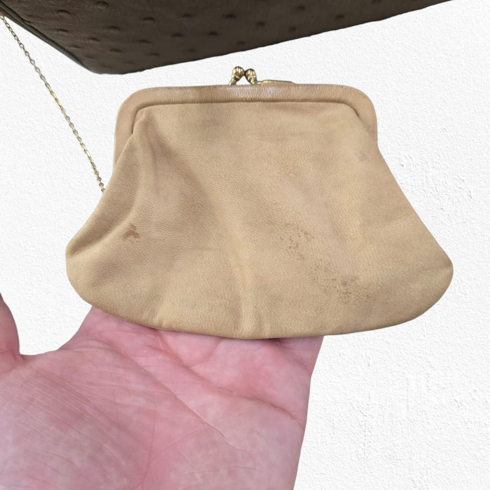 Vintage 50s Genuine Ostrich Leather Beige Top Handle Frame Bag with Coin Purse Tan - Image 15
