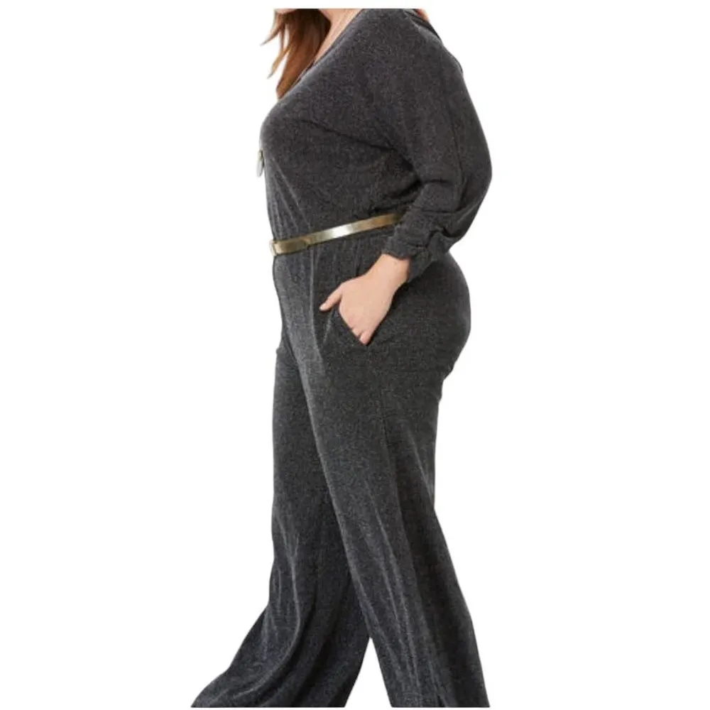 JESSICA LONDON BLACK SHIMMERY BLOUSON SLEEVE WIDE LEG JUMPSUIT 14W - Image 3