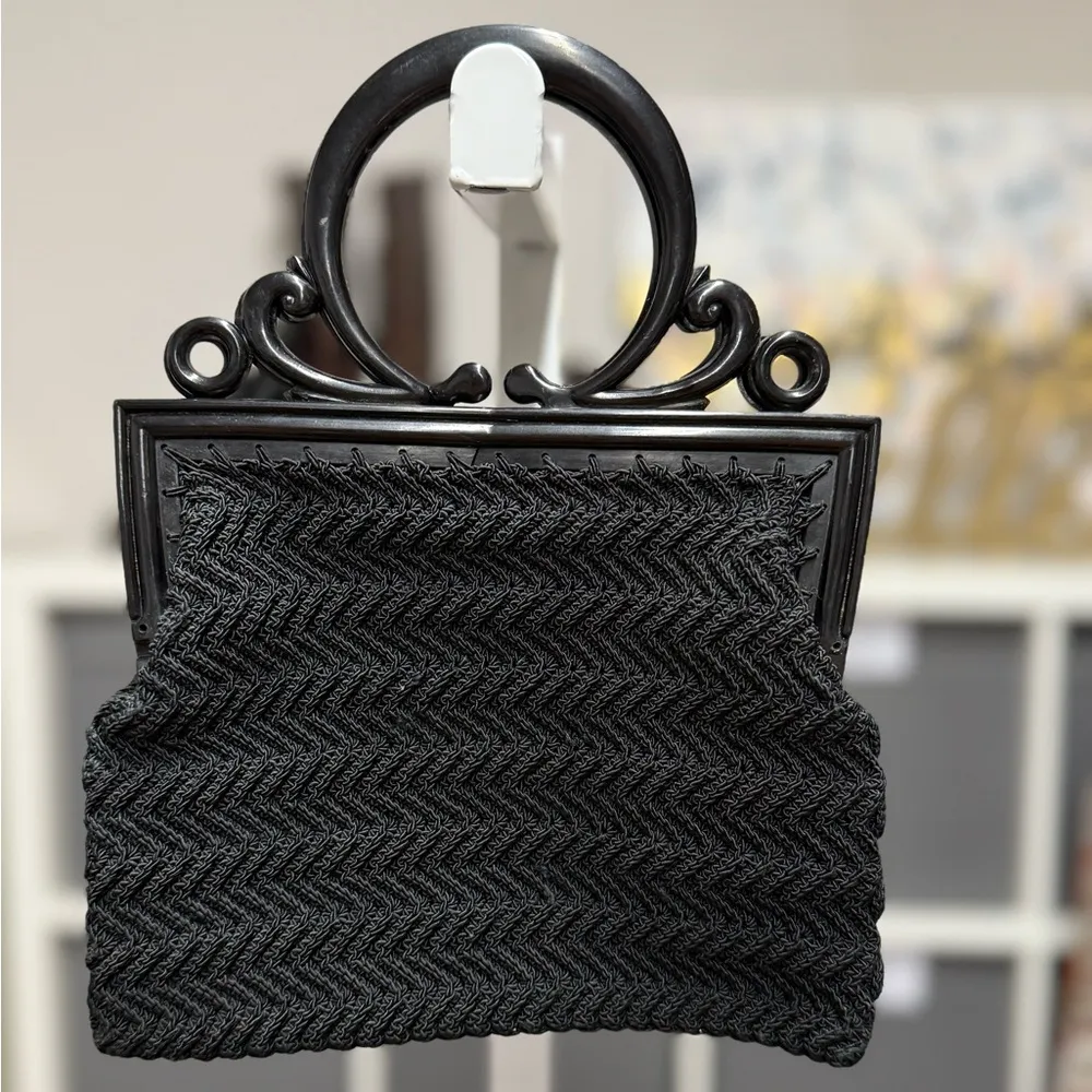 Vintage Crochet Celluloid 1940 Lucite (?) Frame Handle Handbag Mini Purse Clutch Black - Image 2