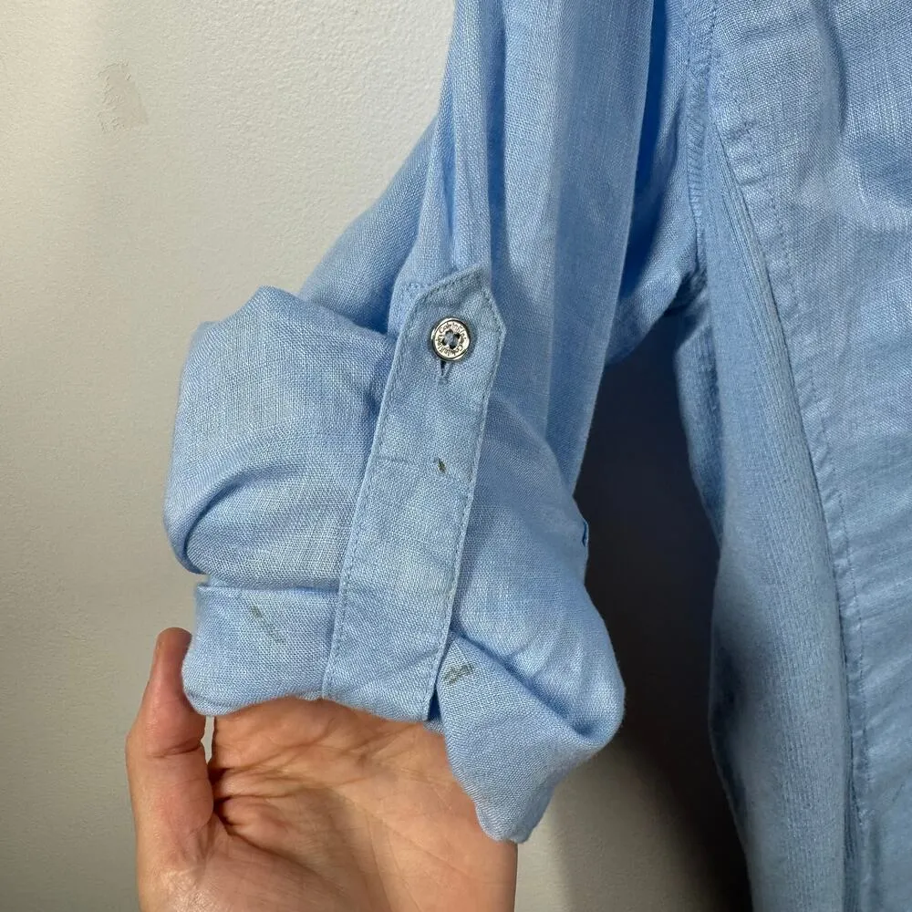 Calvin Klein Top Women Blue Linen Blend Button Up Roll Tab Sleeve Coastal Beach - Image 5