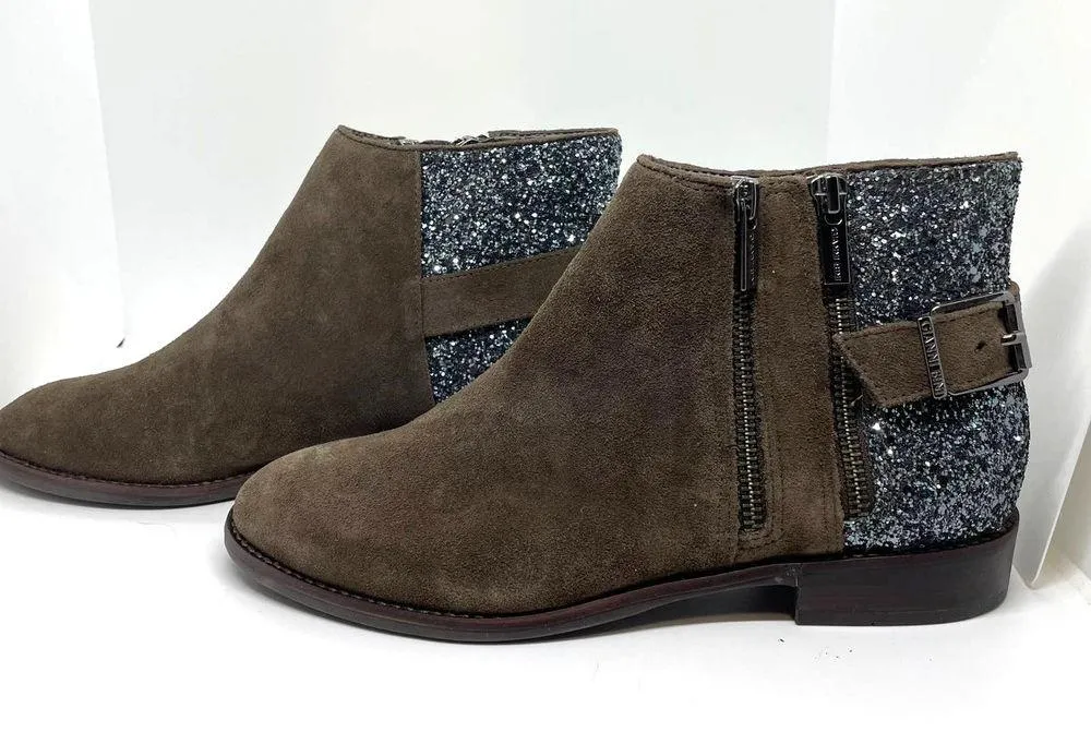 Gianni Bini Silver Glitter Heel Brown Suede Leather Almond Toe Ankle Boots 7.5 - Image 4