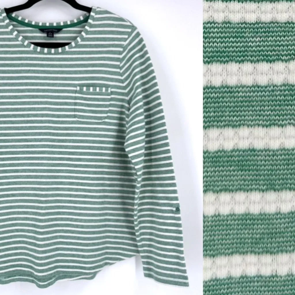Lands' End Women’s Kelly Green Striped LS Top‎ W/ Chest Pocket Textured Size L - Image 2