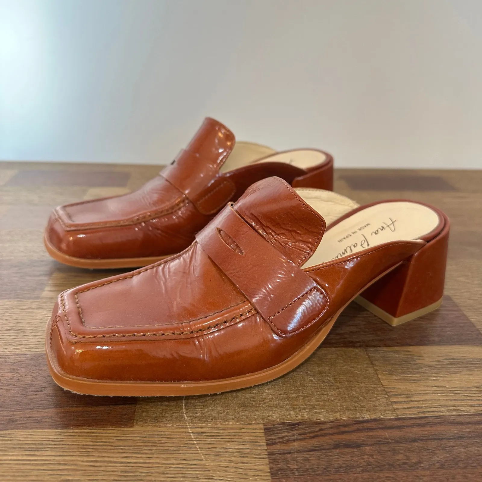 Ana Palma Womens Loafer Mules 6.5 Leather Cognac Brown Penny Heel Slip On Spain - Image 2