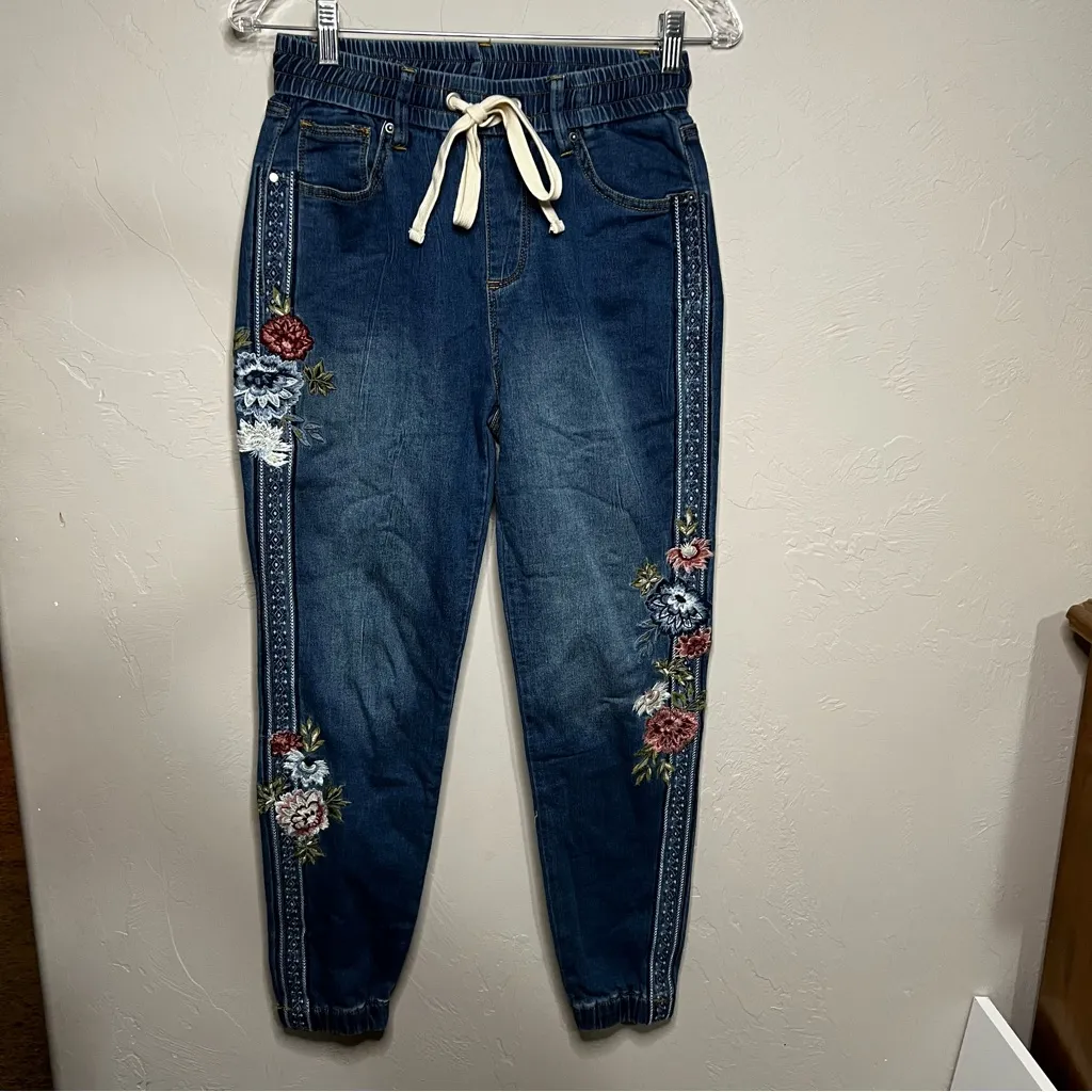 Driftwood  X Free People Floral Embroidered Pull On Drawstring Denim Joggers - Image 2