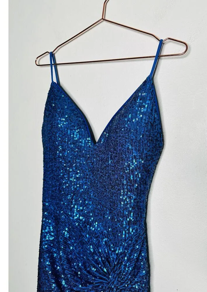 JOVANI Blue Sequin V-Neck Spaghetti Strap Front Slit High Gown Dress size 8 - Image 14