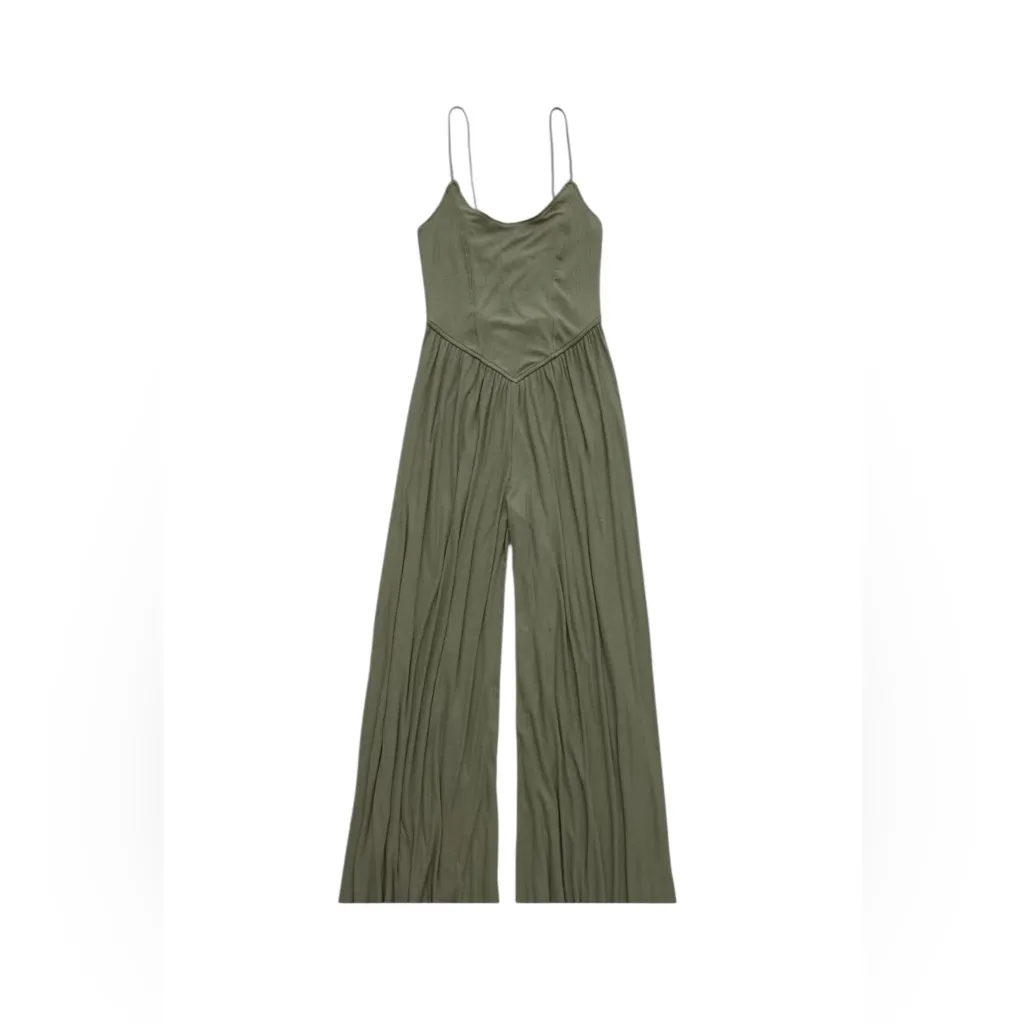 AE Soft and Sexy Rib Wide-Leg Jumpsuit Sz L Olive Green Stretch Comfy Relaxed - Image 2