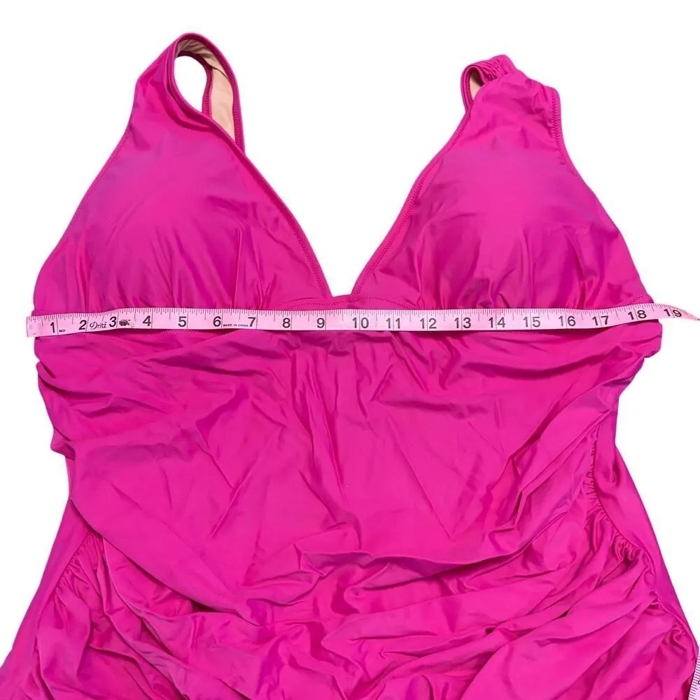 J Crew Fuchsia Pink Ruched V Neck Plunge One Piece Swimsuit SZ 22 Beach Vacation - Image 4