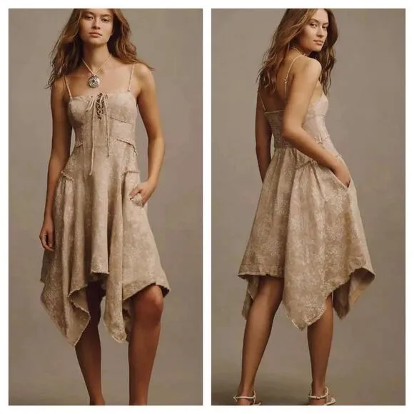 BY ANTHROPOLOGIE CORSET LACE-UP SEAMED MINI DRESS in Beige sz L NEW - Image 2