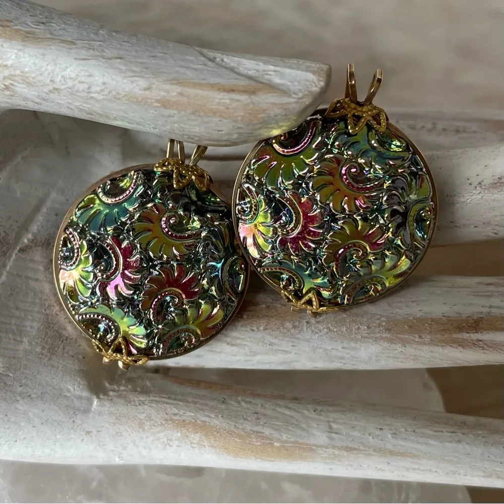 Vintage Iridescent Hillcraft Castlecraft Czech Glass Slide Earrings Green - Image 3