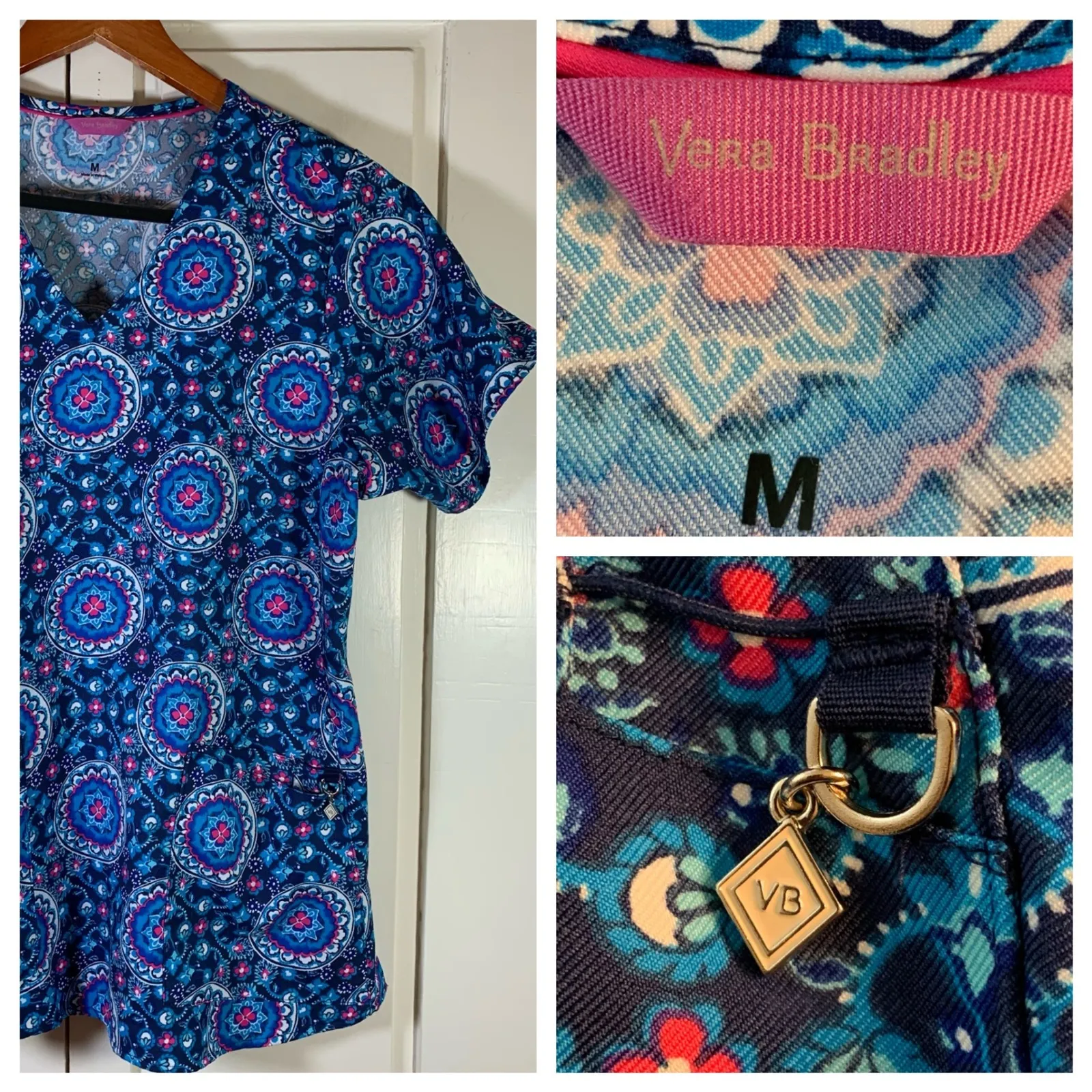 Vera Bradley Women's Size M Blue Floral Print V Neck Scrub Top Short Sleeve - Image 12