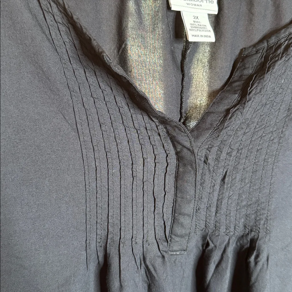 Liz Claiborne Black Embroidered Split Neck Boho Blouse Size 2X - Image 6