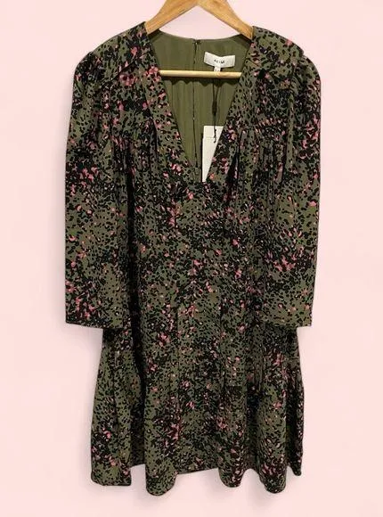 Adorable Reiss NWT olive pink spotted pleated boho deep vneck flowy midi dress - Image 2