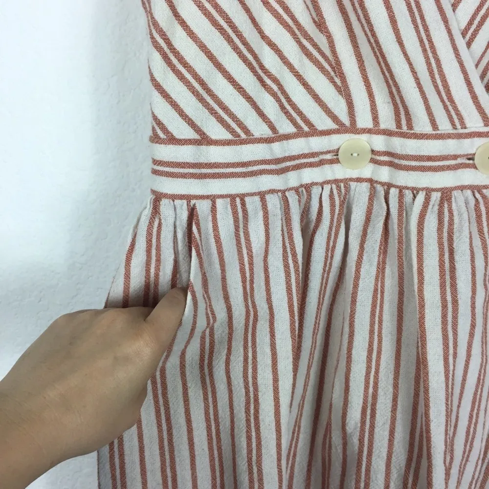 Zara Red Cream Stripe Button Crossover Bib Linen Mini Dress Large - Image 8