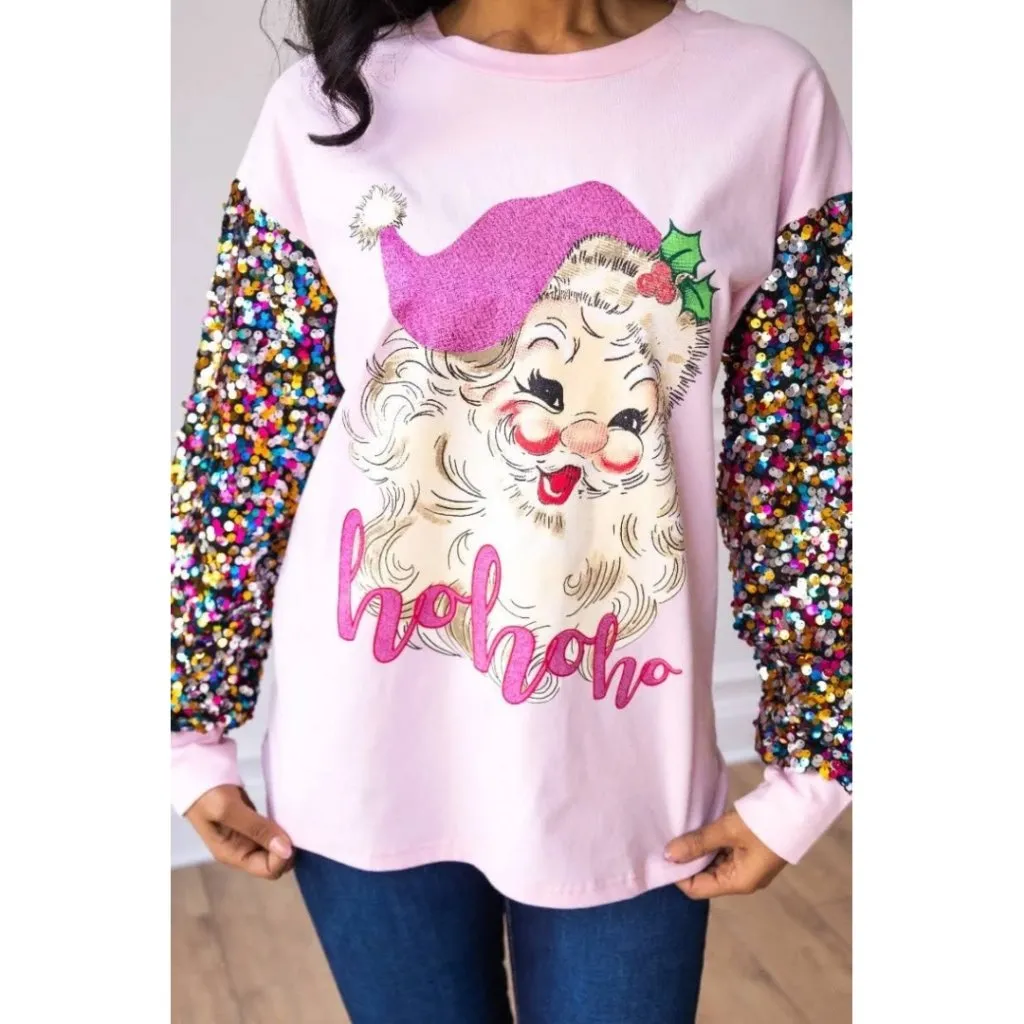 NWT Southern Grace Pink Sequin Sleeve Santa Claus Top Holiday Christmas XS - Image 2