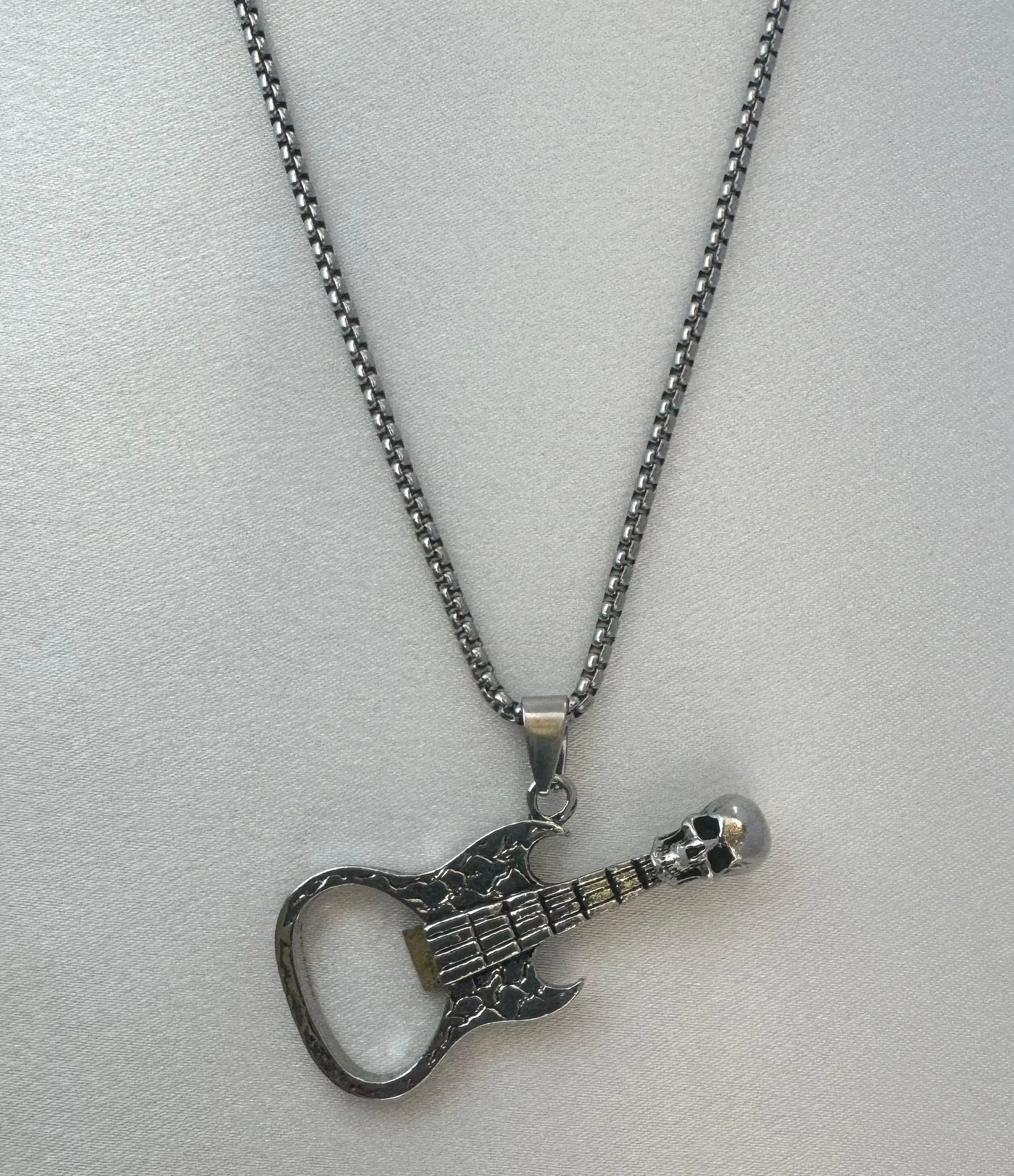 Skull Guitar Pendant Necklace for Men Women Streetwear Punk Hip Hop Unisex Style Silver - Image 2