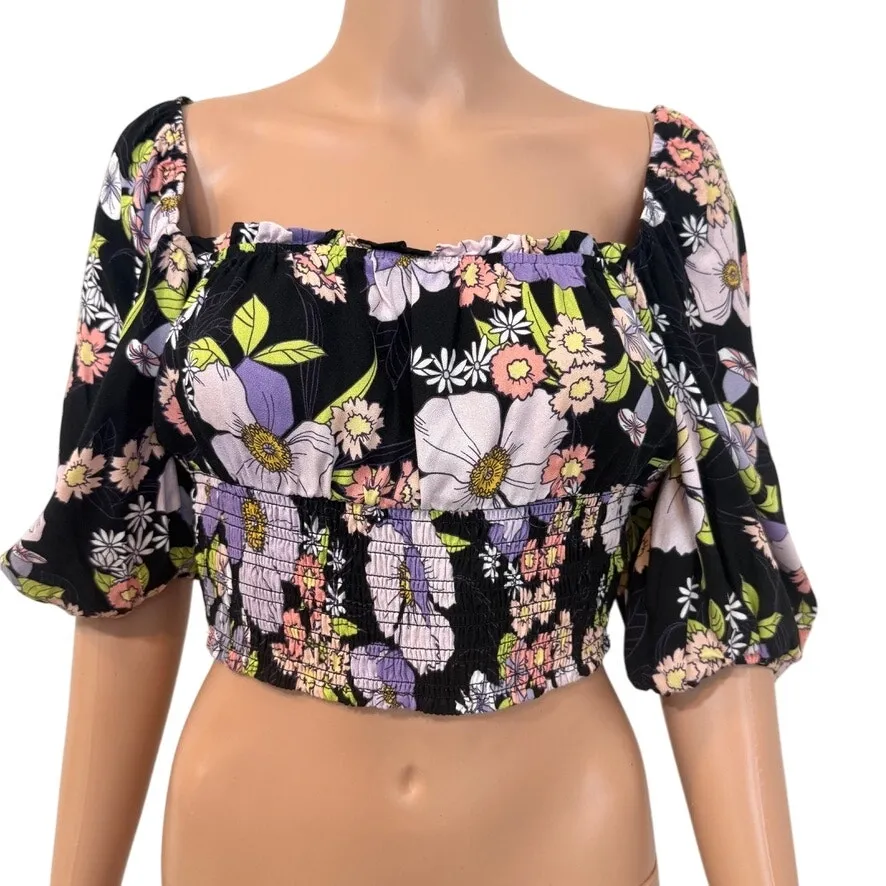 Afrm Waverly medium smocked floral puff sleeve cropped top TB 3037 Black - Image 10