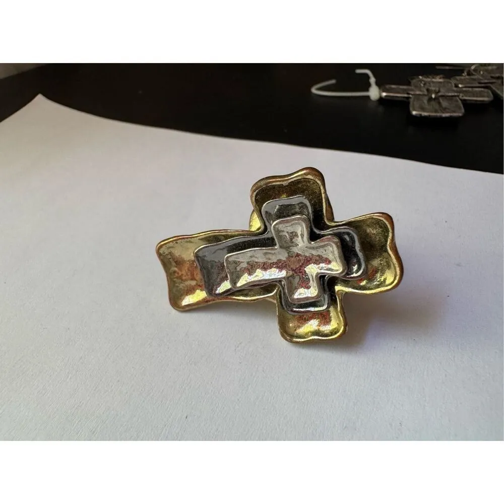 Womens Y2K Vintage Chunky Cross Gold Silver Tone Stretchy Cross Ring Western - Image 3
